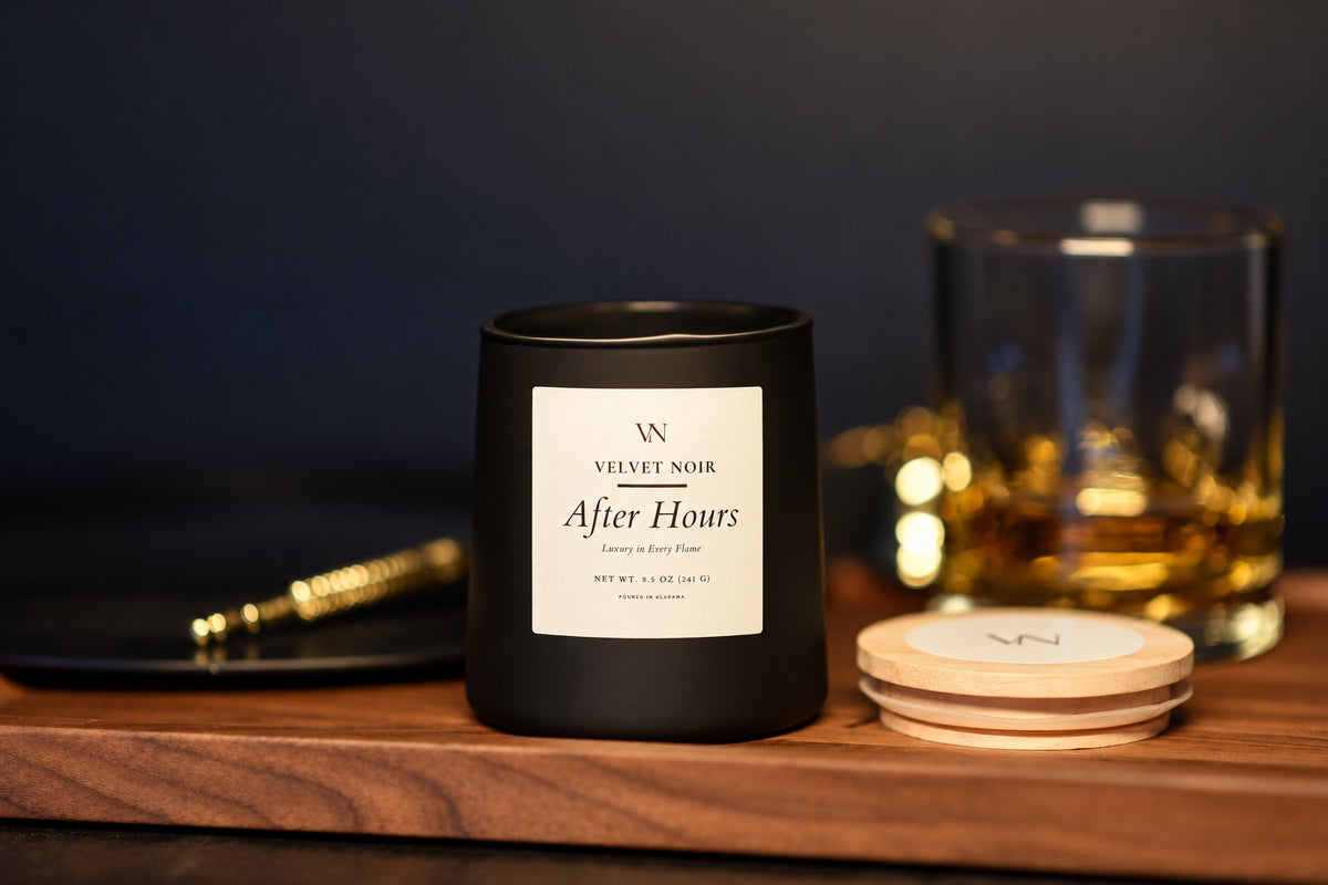 Velvet Noir After Hours candle in a warm luxury setting
