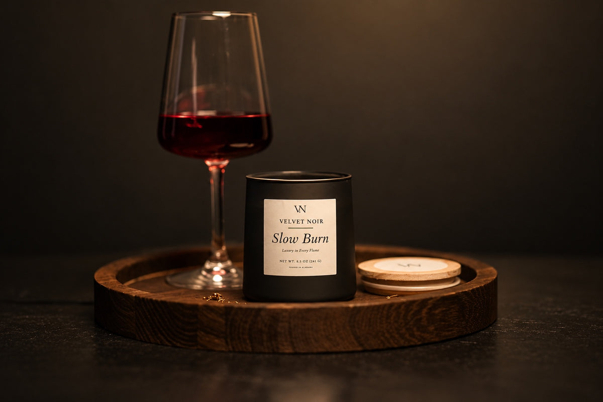 Velvet Noir Slow Burn candle styled with a wine glass